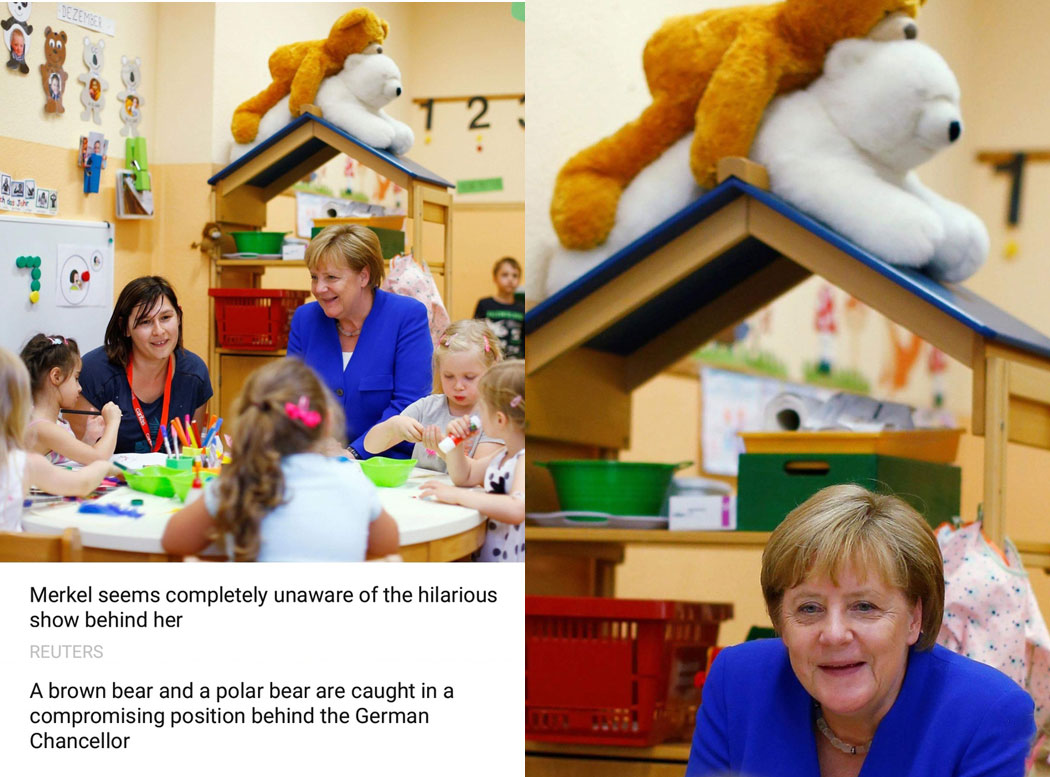 Angela Merkel's embarrassing photo op as two teddy bears have SEX while she plays with kids at Kindergarten