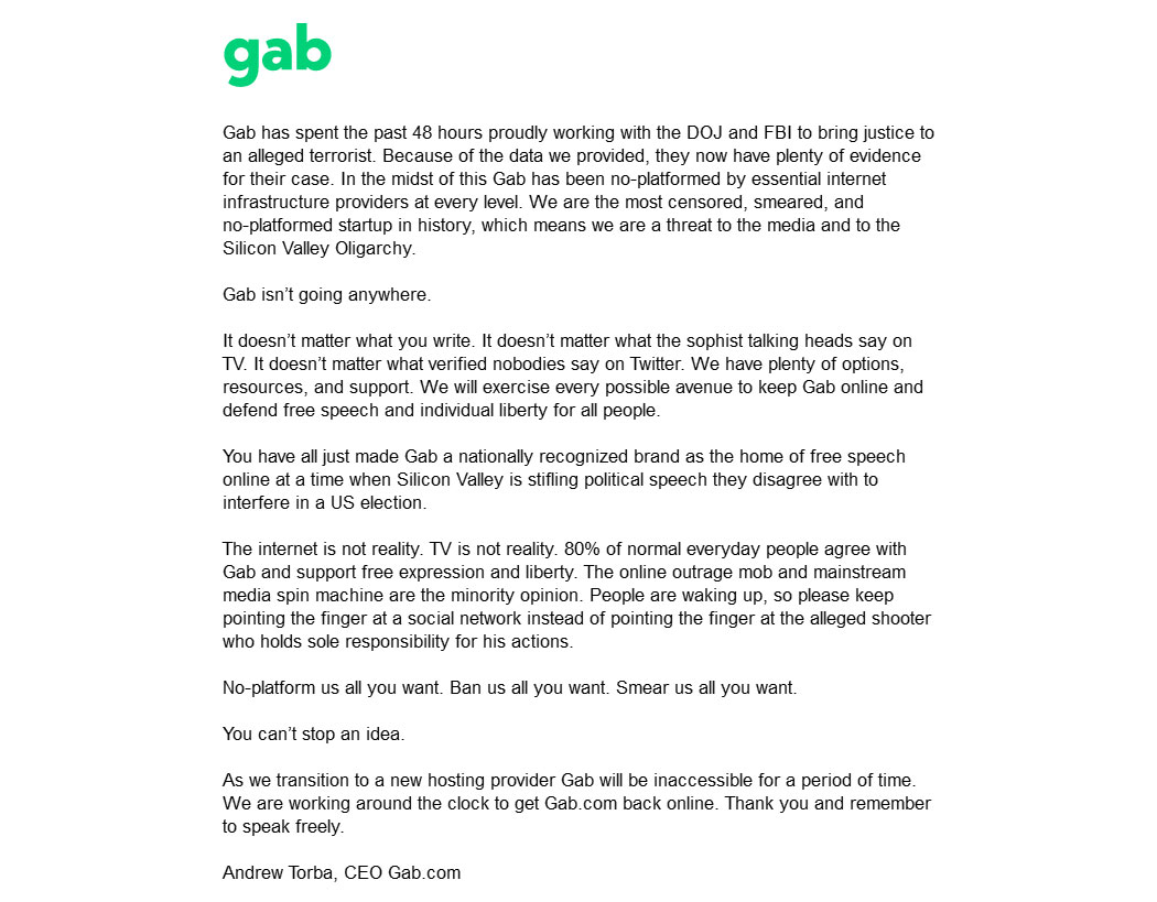 Gab.ai OFFLINE - aber Sie können unsere Idee nicht stoppen!