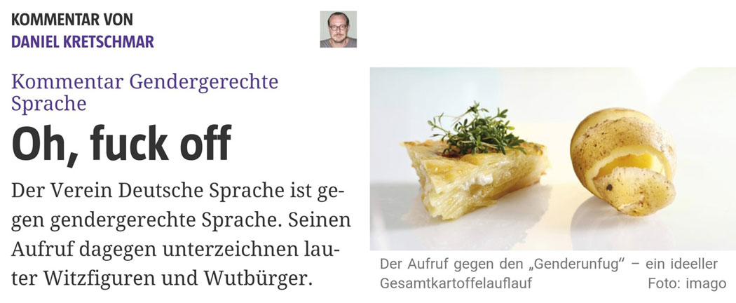 Eine schwanzlose Kartoffel von der Linksextremisten-Postille hat sich eingenässt