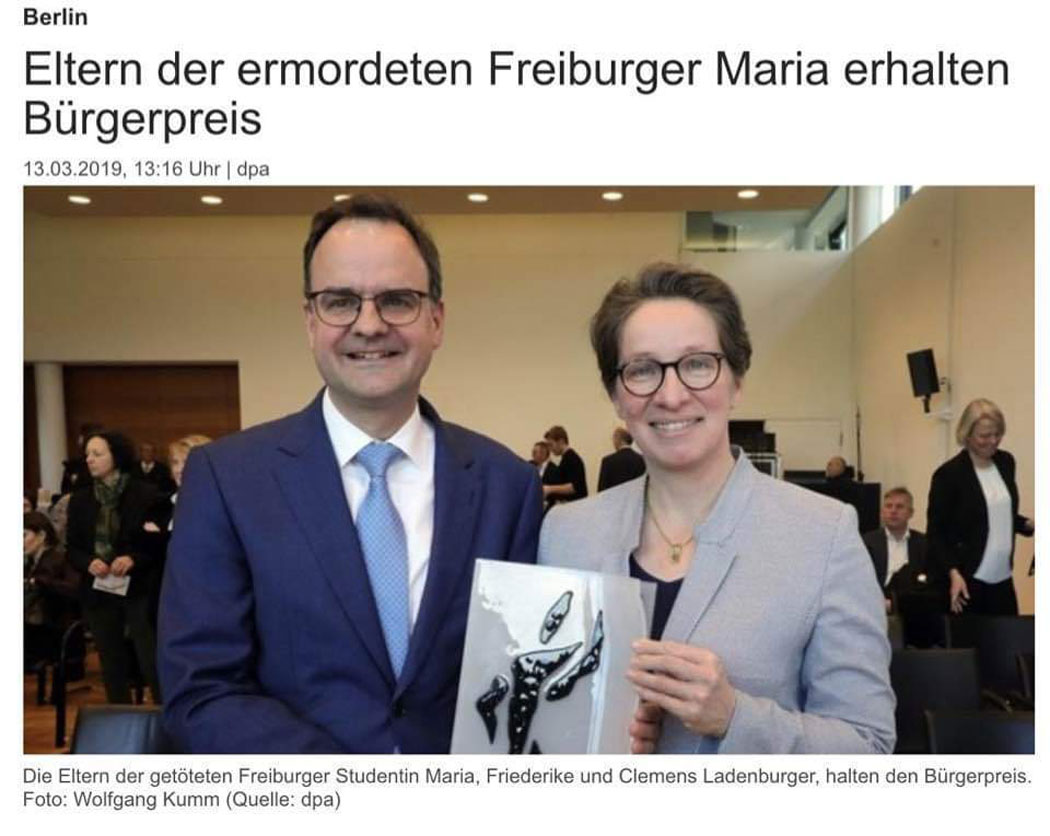 Eltern der ermordeten Studentin Maria sind Bürger des Jahres