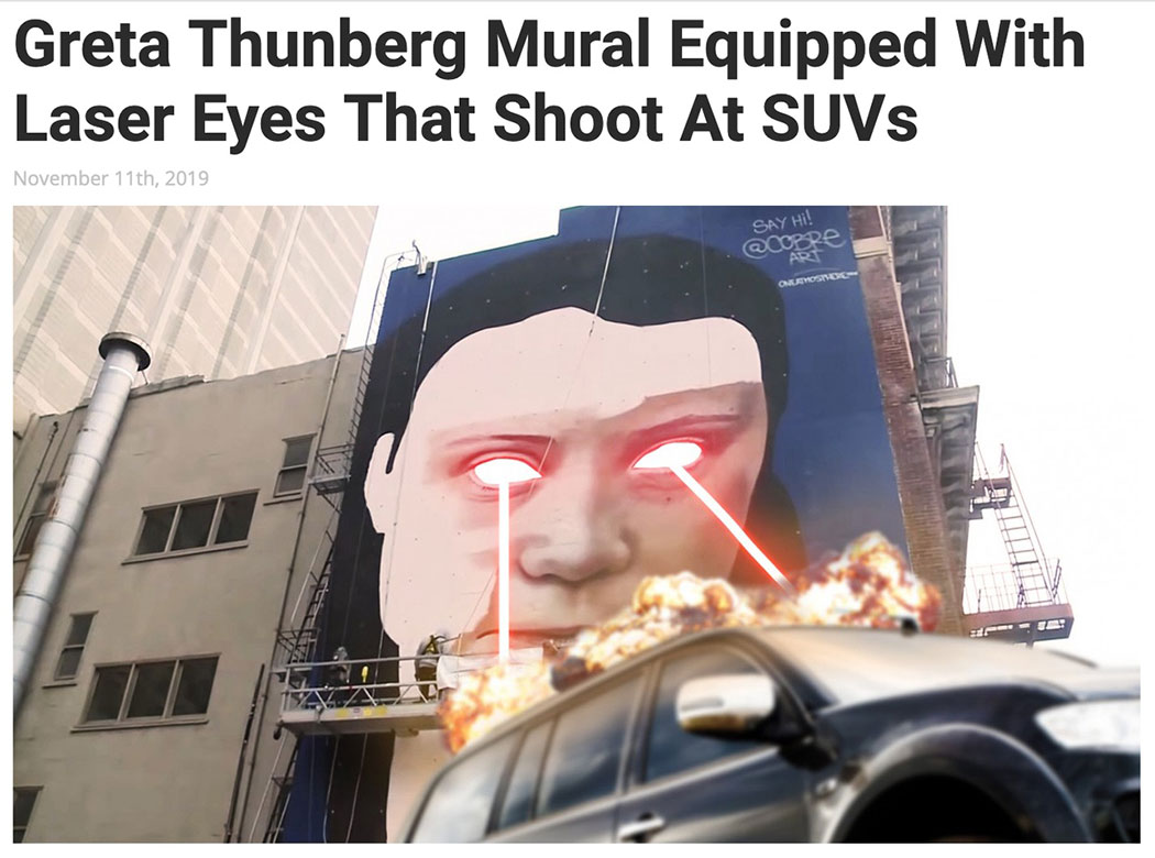 Greta Thunberg Mural Equipped With Laser Eyes That Shoot At SUVs
