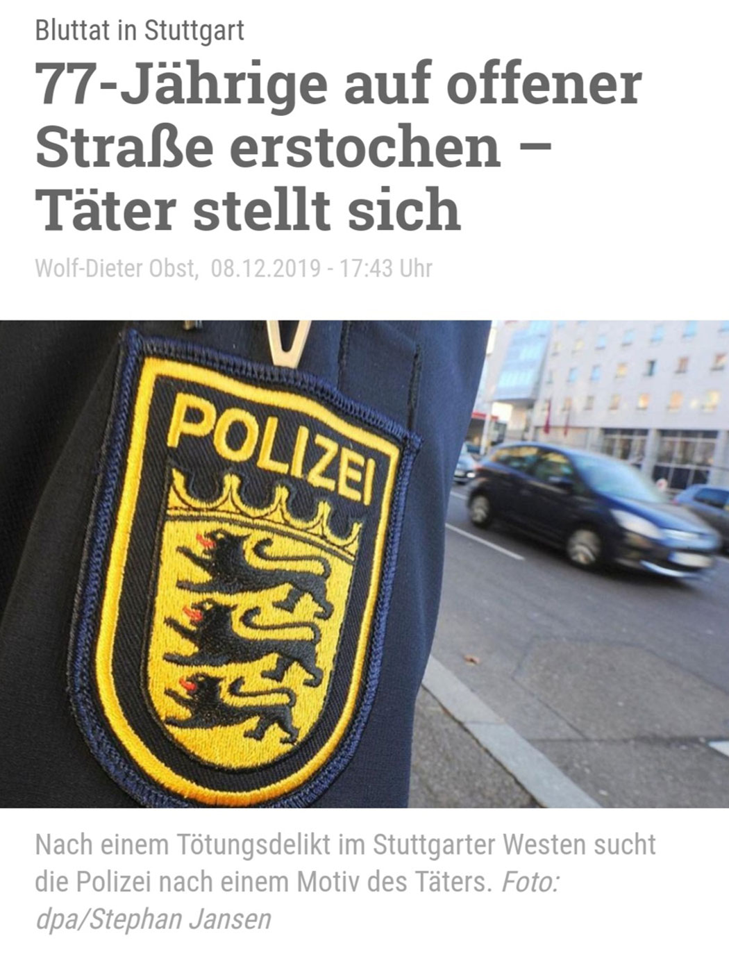 Bluttat in Stuttgart - 77-Jährige auf offener Straße erstochen – Täter stellt sich