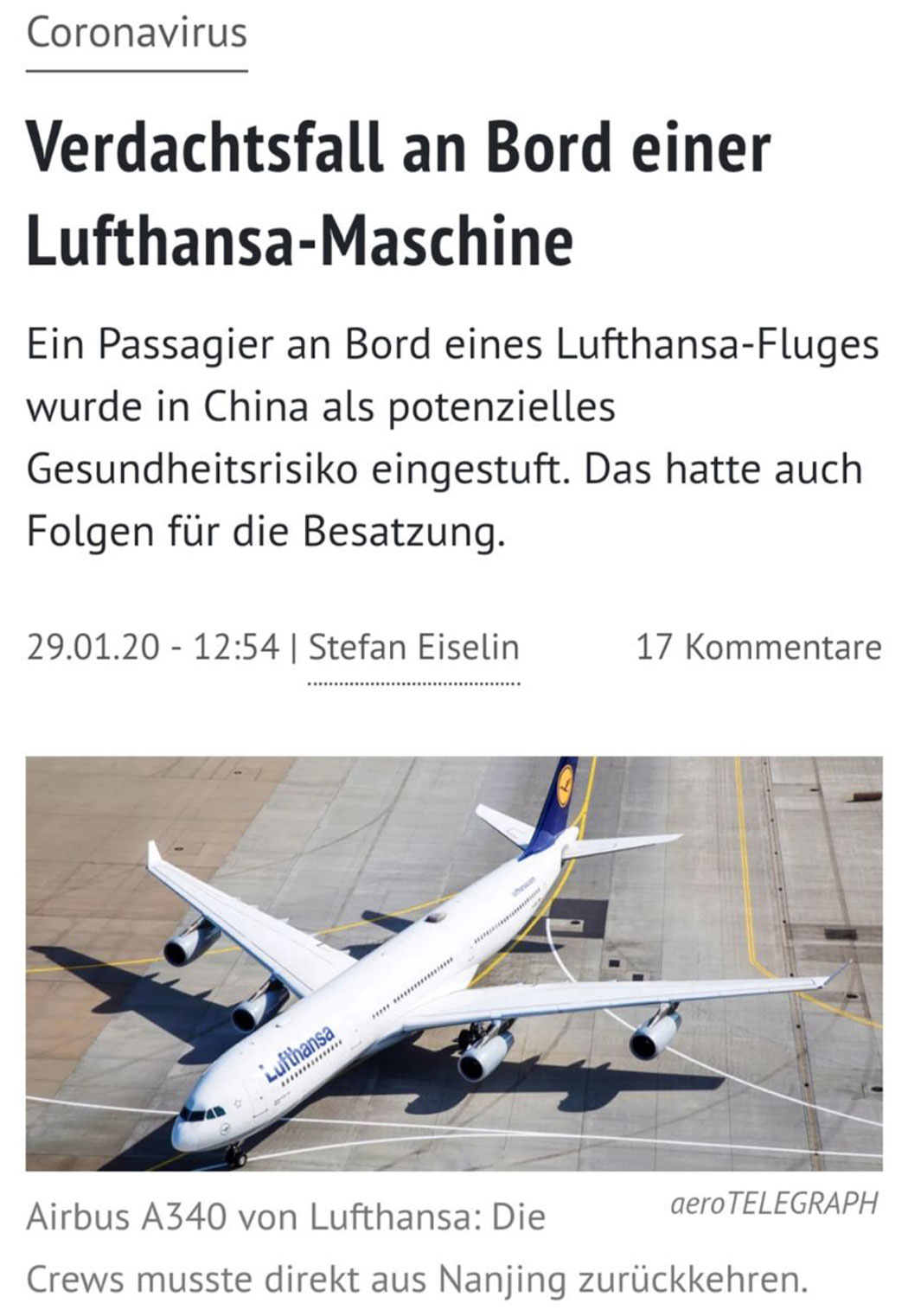 Verdachtsfall an Bord einer Lufthansa-Maschine