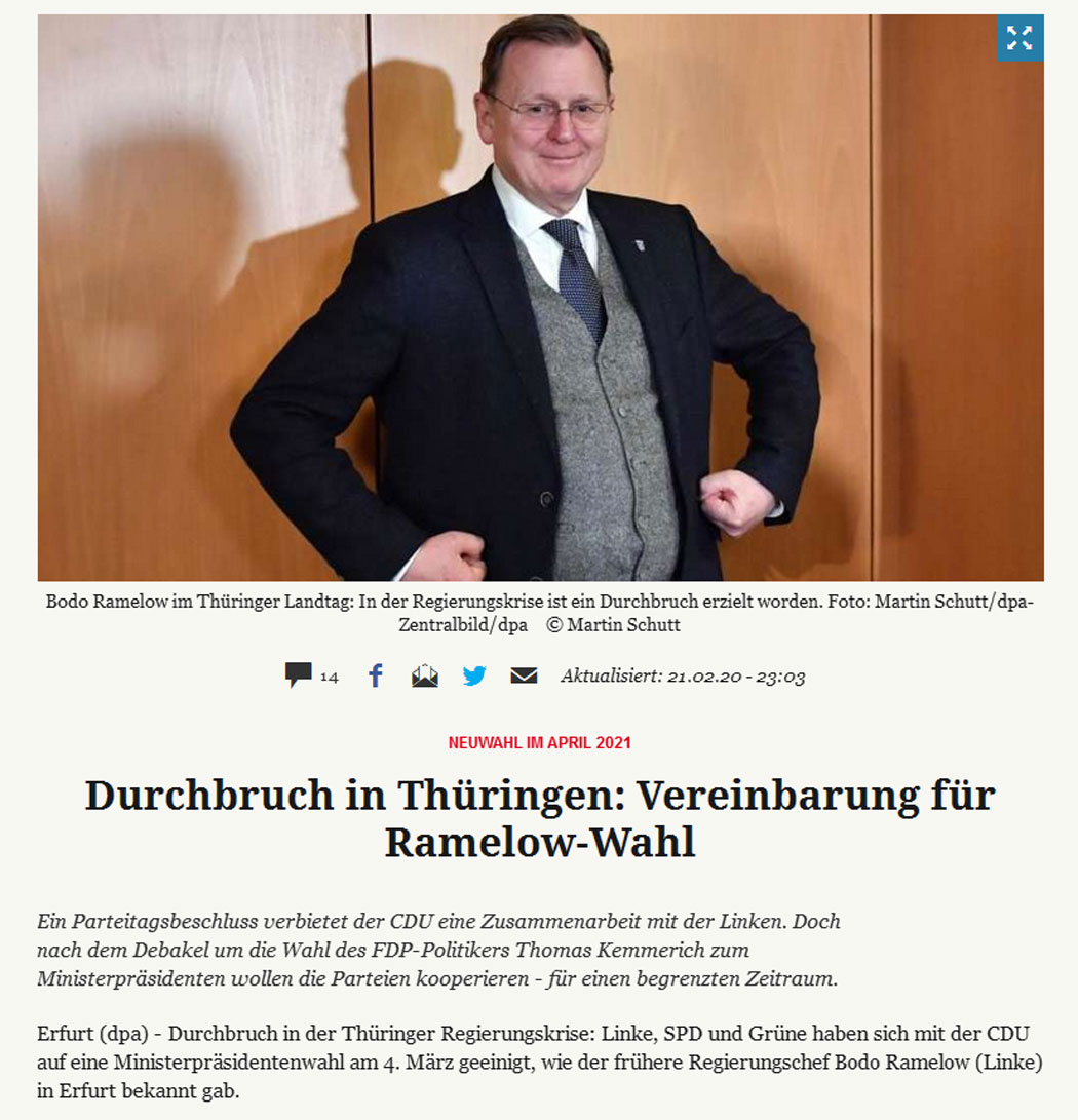 Durchbruch in Thüringen: Vereinbarung für Ramelow-Wahl